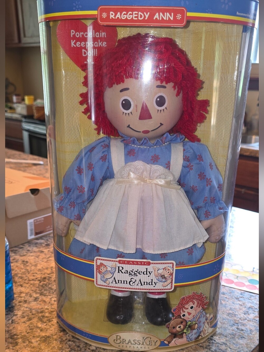 Brass Key Raggedy Ann Porcelain Keepsake Doll - Red Hair, Blue Dress